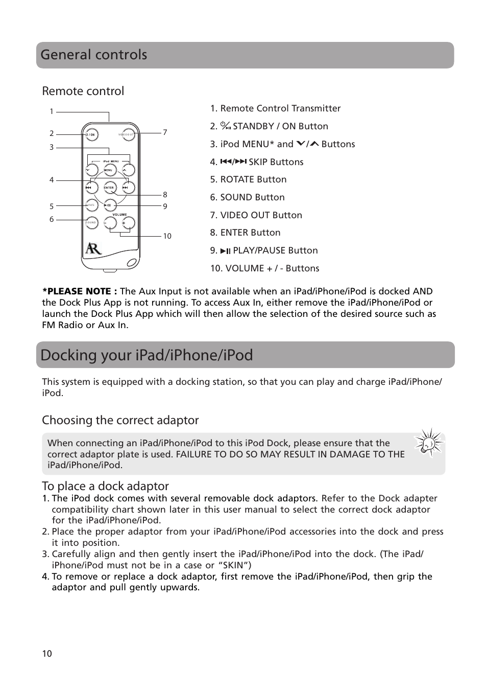 Docking your ipad/iphone/ipod, General controls, Remote control | Choosing the correct adaptor | Acoustic Research ARS35I User Manual | Page 11 / 22