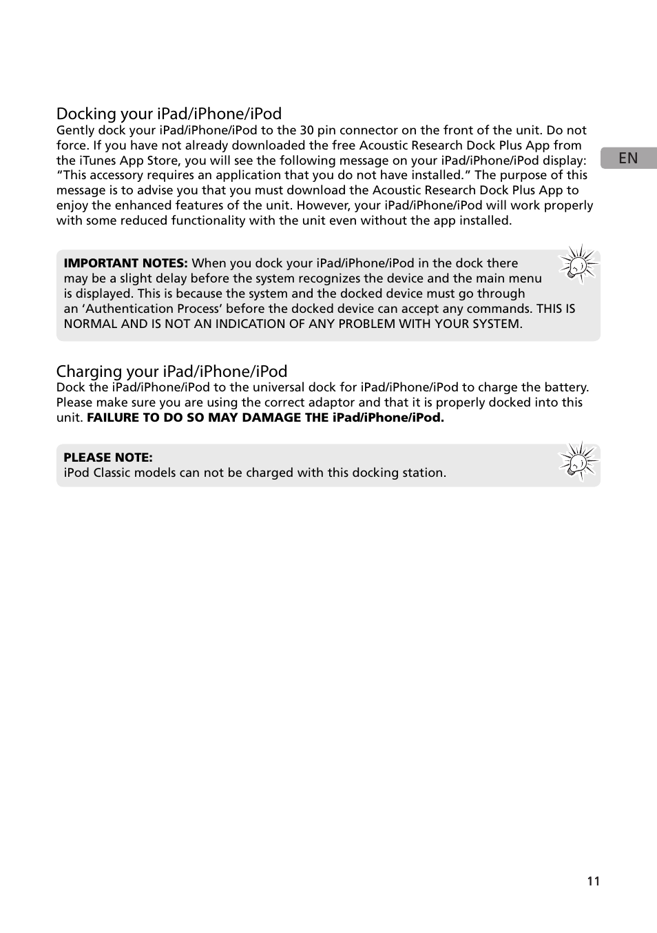 Docking your ipad/iphone/ipod, Charging your ipad/iphone/ipod | Acoustic Research ARS35I User Manual | Page 12 / 22