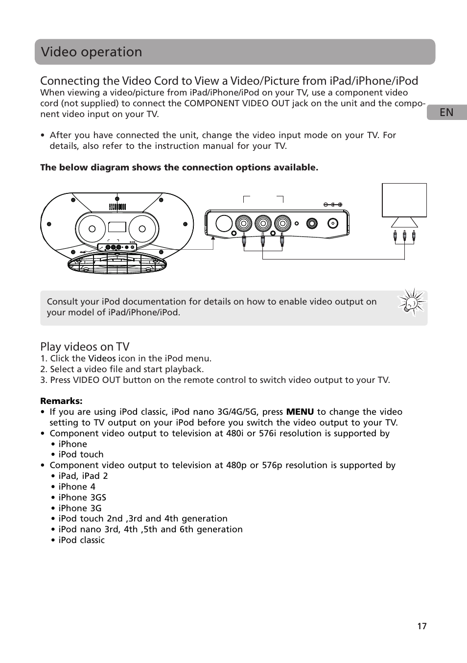 Video operation, Play videos on tv | Acoustic Research ARS35I User Manual | Page 18 / 22