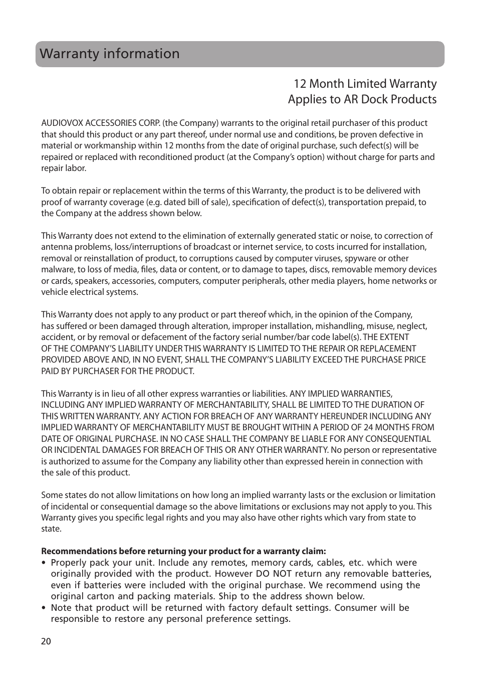Warranty information | Acoustic Research ARS35I User Manual | Page 21 / 22