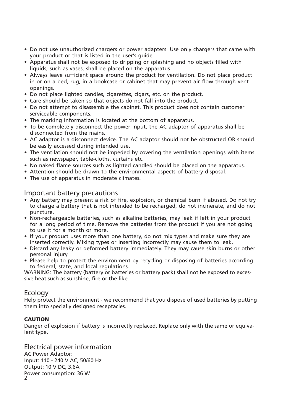 Important battery precautions, Ecology, Electrical power information | Acoustic Research ARS35I User Manual | Page 3 / 22