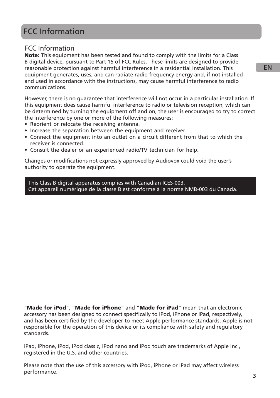 Fcc information | Acoustic Research ARS35I User Manual | Page 4 / 22