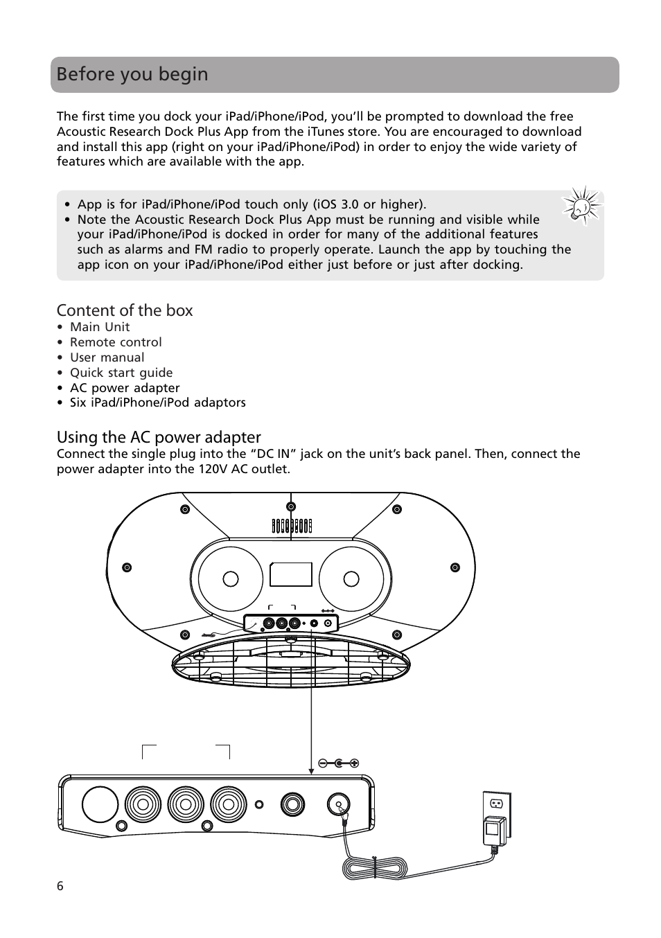 Before you begin, Content of the box, Using the ac power adapter | Acoustic Research ARS35I User Manual | Page 7 / 22