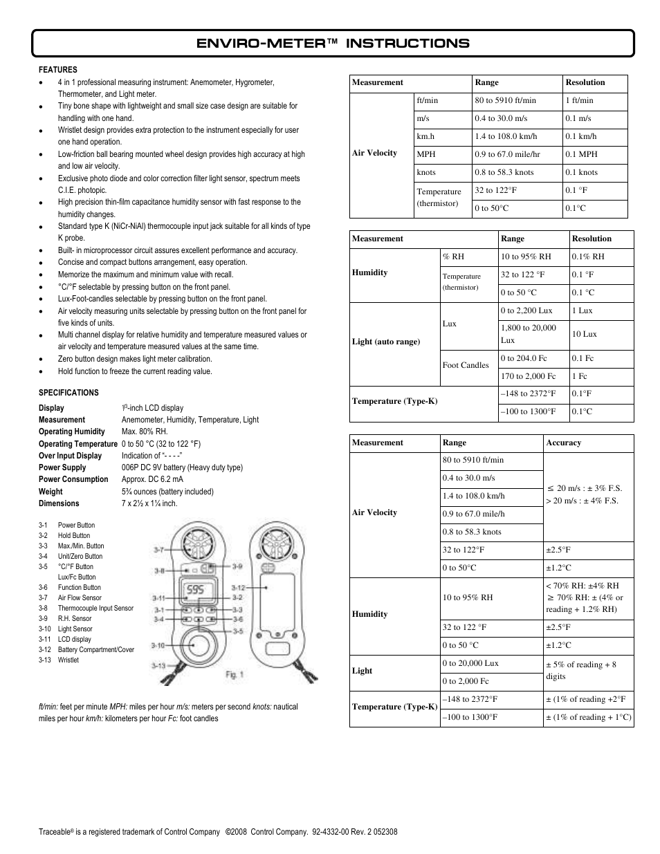 Control Company 4332 ENVIRO-METER User Manual | 2 pages