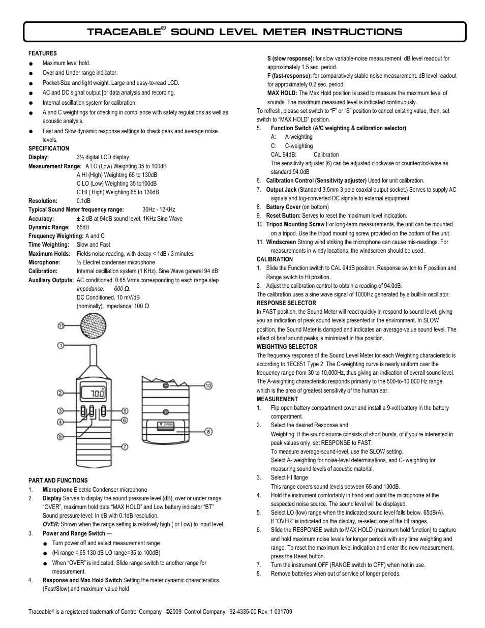 Control Company 4335 SOUND LEVEL METER User Manual | 2 pages