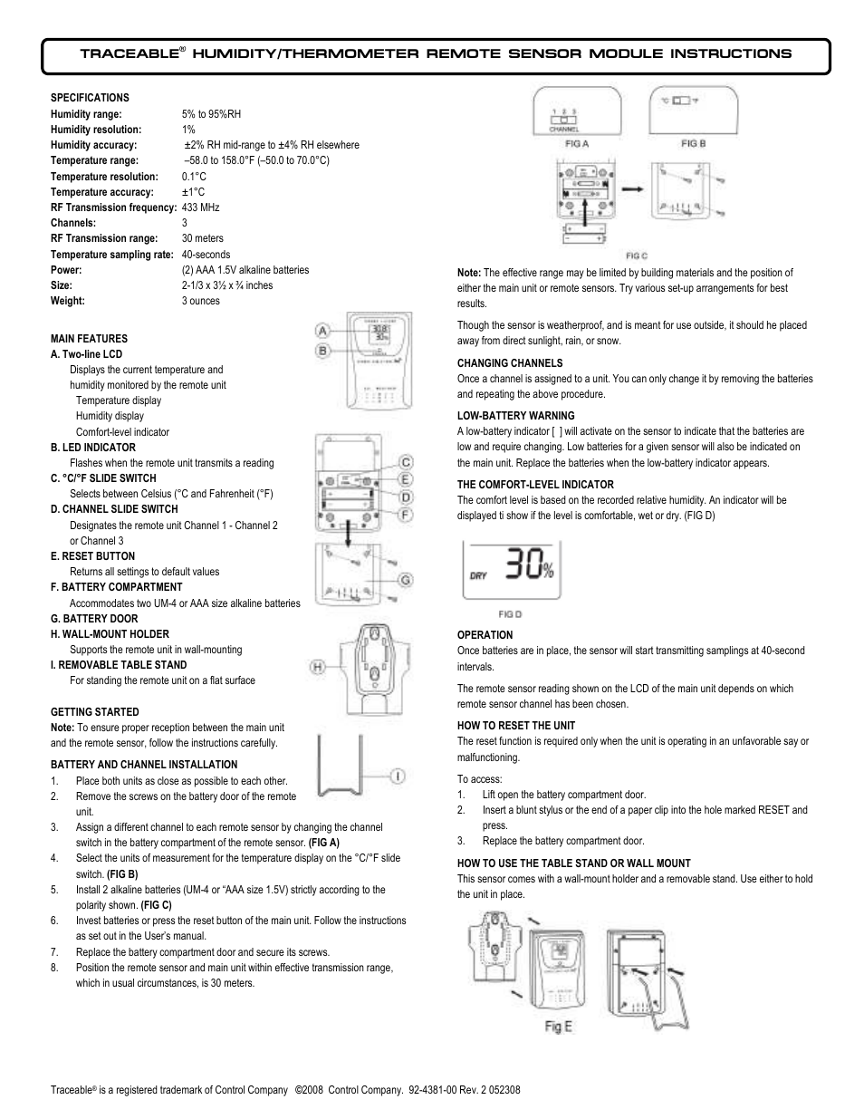 Control Company 4381 HUMIDITY/THERMOMETER REMOTE SENSOR MODULE User Manual | 2 pages