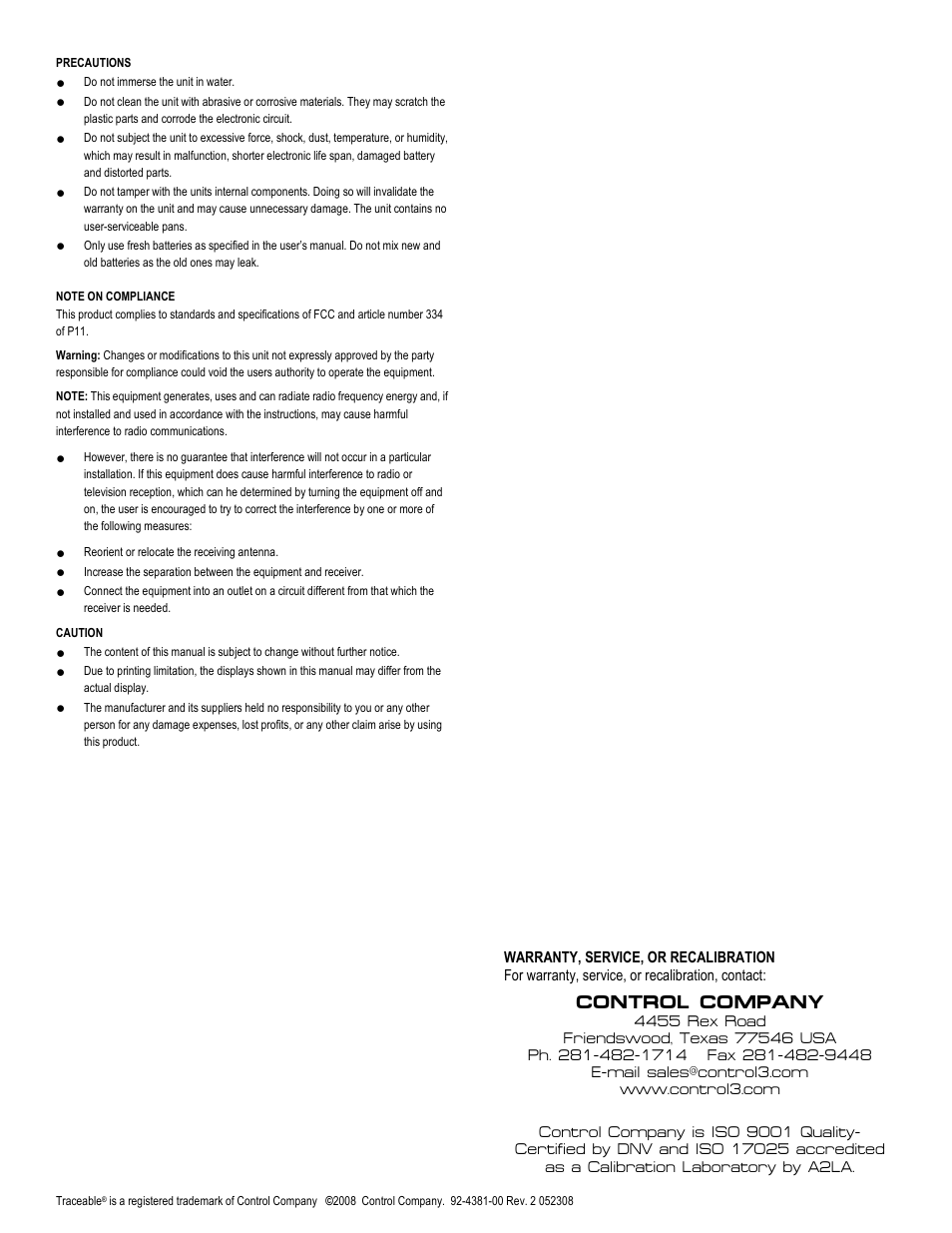 Control company | Control Company 4381 HUMIDITY/THERMOMETER REMOTE SENSOR MODULE User Manual | Page 2 / 2