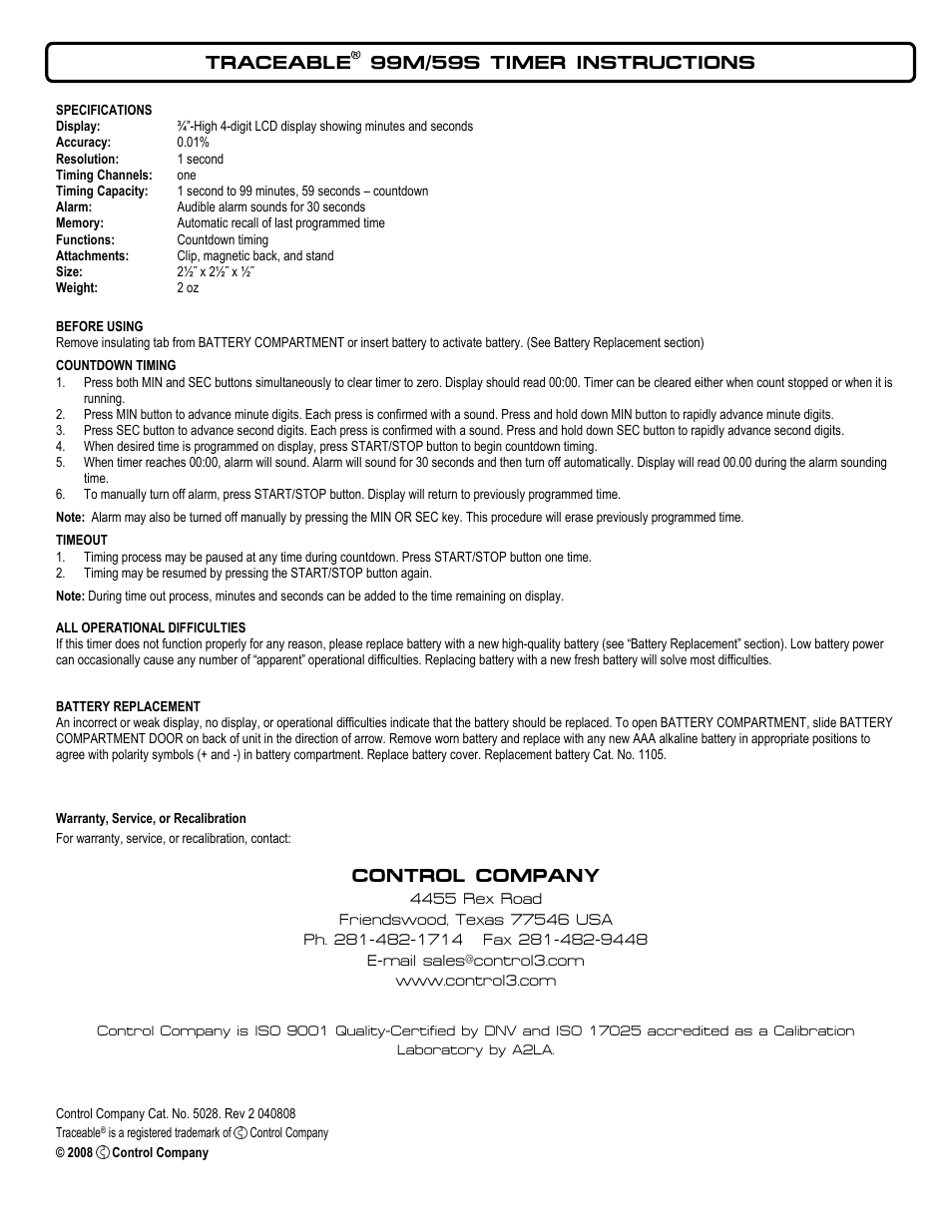 Control Company 5028 99M/59S TIMER User Manual | 1 page