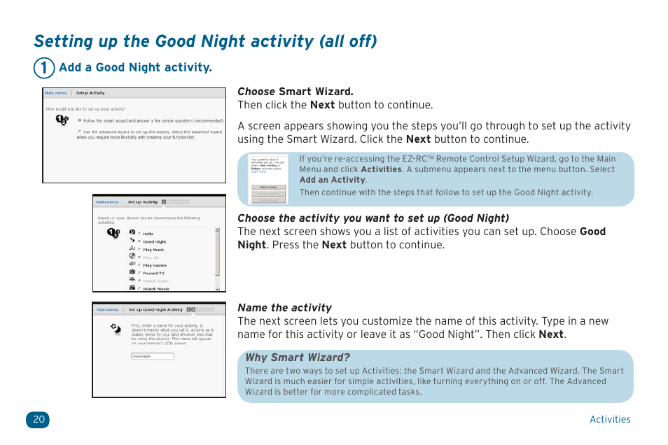 Setting up the good night activity (all off) 1 | Acoustic Research ARRX18G User Manual | Page 20 / 48