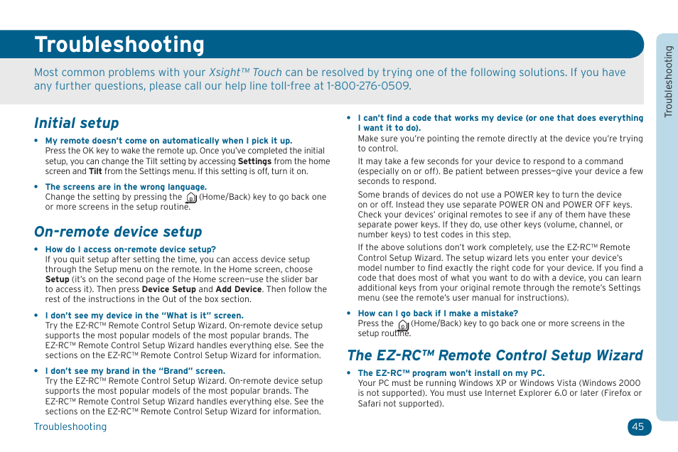Troubleshooting, Initial setup, On-remote device setup | The ez-rc™ remote control setup wizard | Acoustic Research ARRX18G User Manual | Page 45 / 48