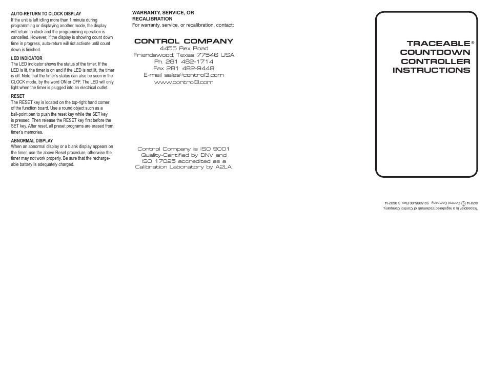 Traceable countdown controller instructions, Control company | Control Company 5095 COUNTDOWN CONTROLLER User Manual | Page 2 / 2