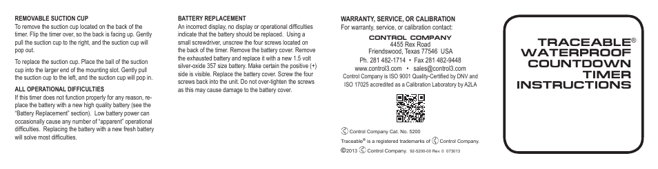 Traceable waterproof countdown timer instructions | Control Company 5200 WATERPROOF COUNTDOWN TIMER User Manual | Page 2 / 2