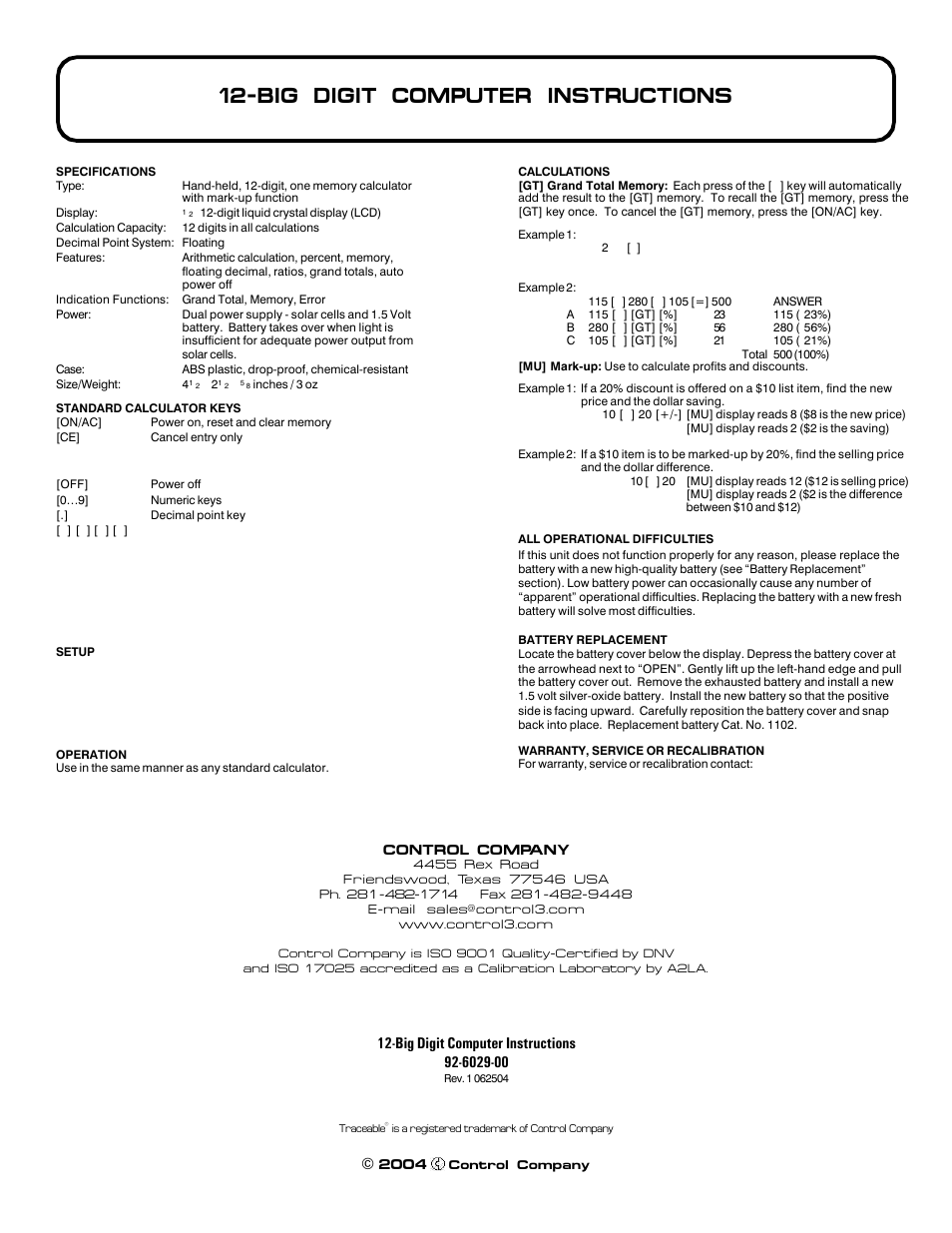 Control Company 6029 12-BIG DIGIT COMPUTER User Manual | 1 page