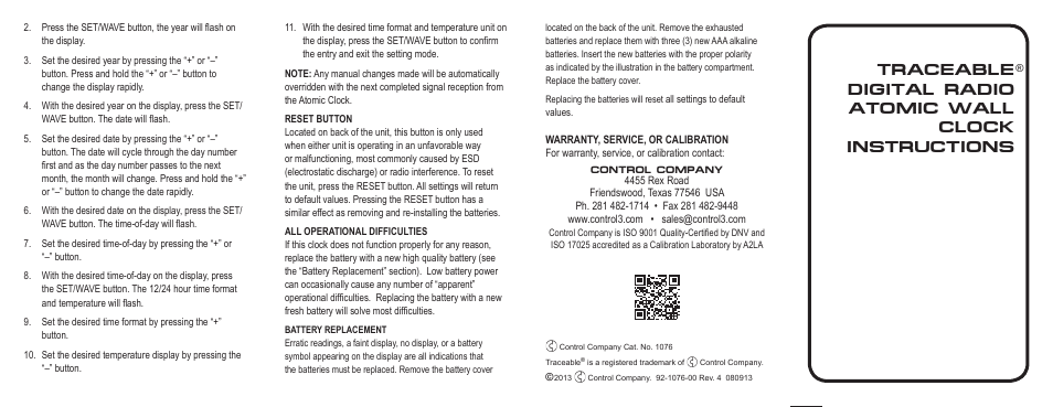 Control Company 1076 ATOMIC WALL CLOCK User Manual | Page 2 / 2