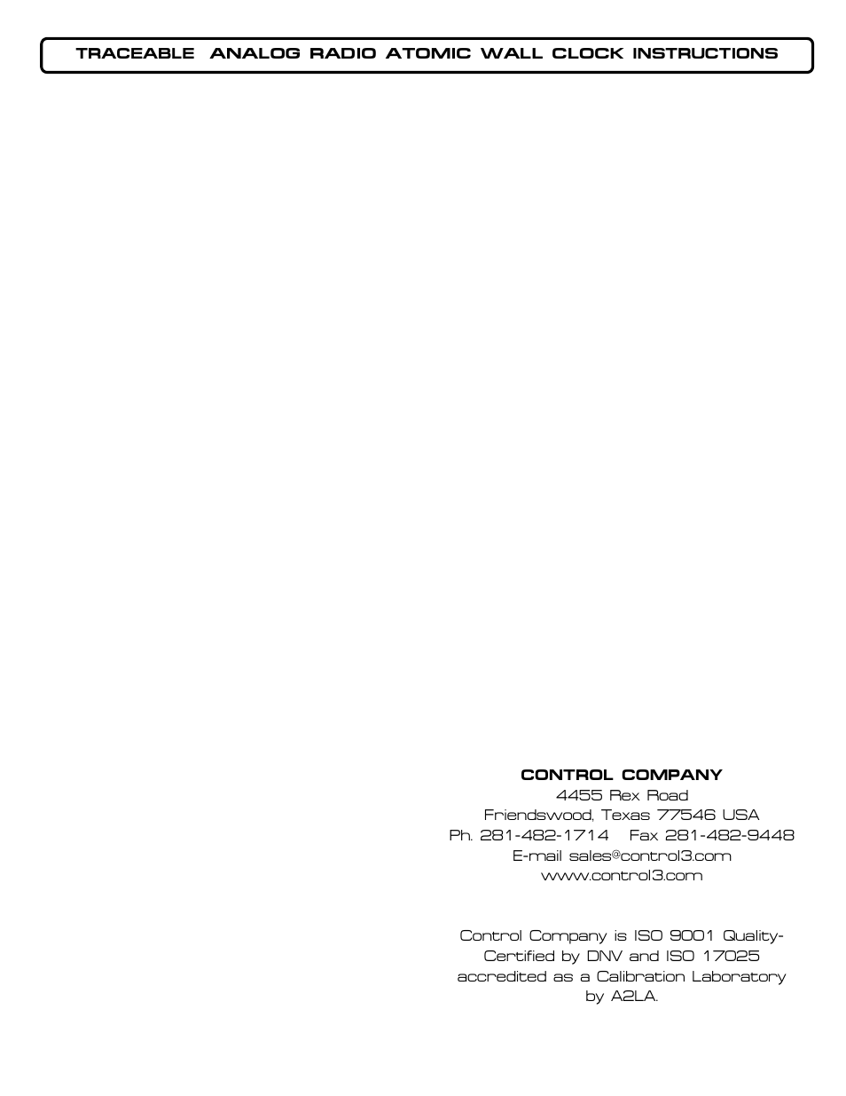 Control Company 1077 ATOMIC WALL CLOCK User Manual | 1 page