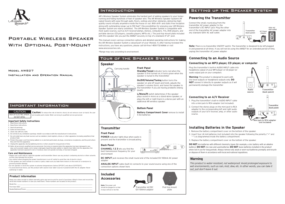 Acoustic Research AW827 User Manual | 2 pages