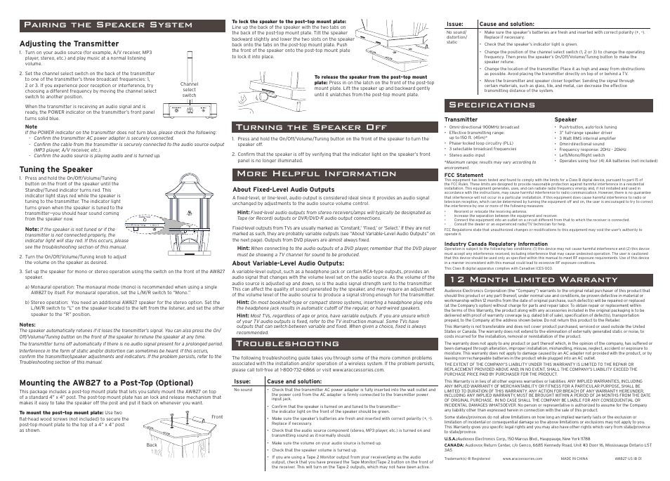 Troubleshooting, More helpful information, 12 month limited warranty specifications | Turning the speaker off, Pairing the speaker system, Tuning the speaker, Mounting the aw827 to a post-top (optional), Adjusting the transmitter | Acoustic Research AW827 User Manual | Page 2 / 2