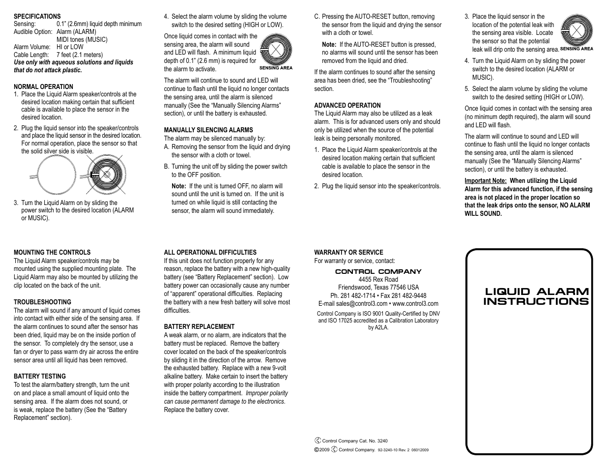 Control Company 3240 LIQUID ALARM User Manual | 1 page