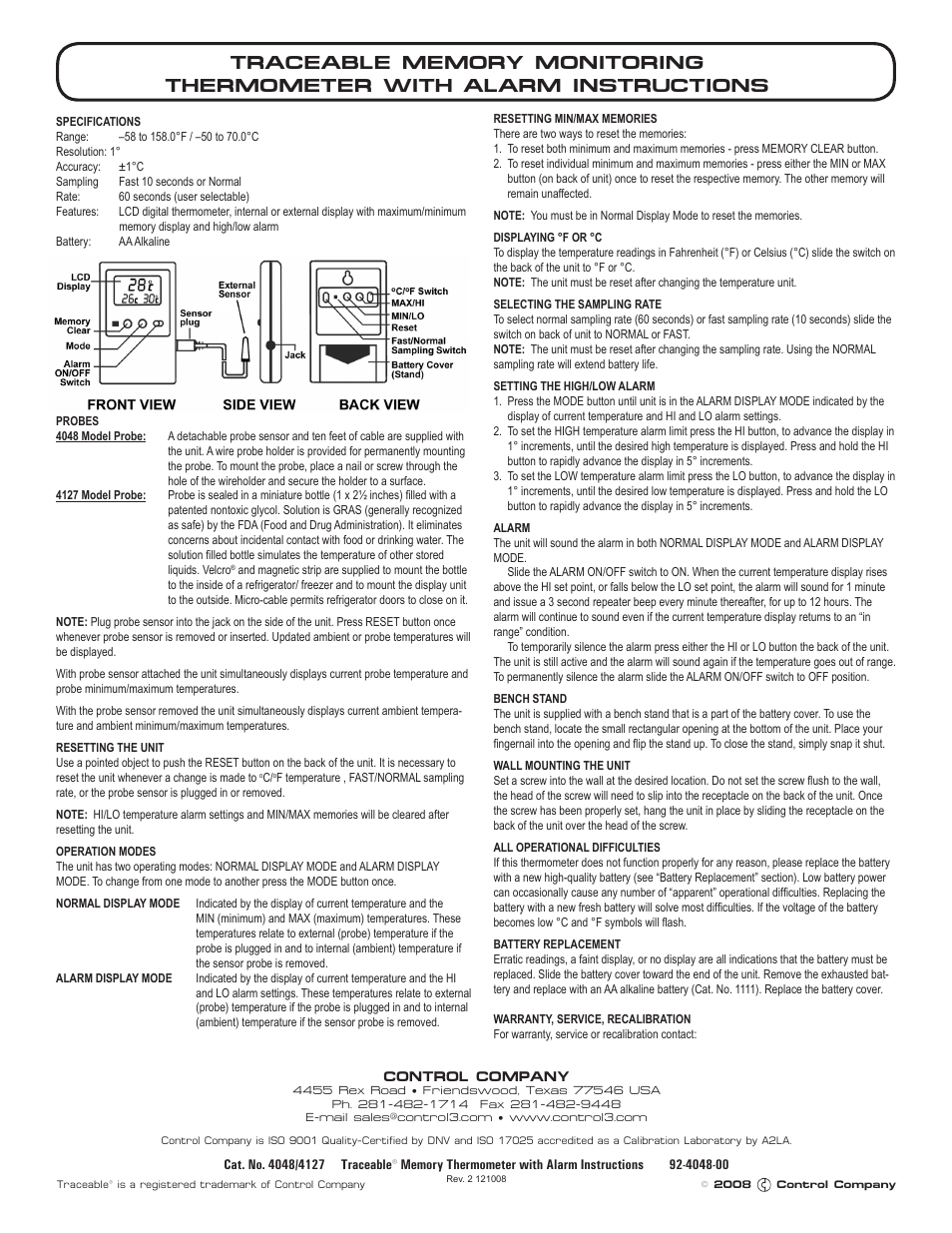 Control Company 4048 TRACEABLE MEMORY MONITORING THERMOMETER WITH ALARM User Manual | 1 page