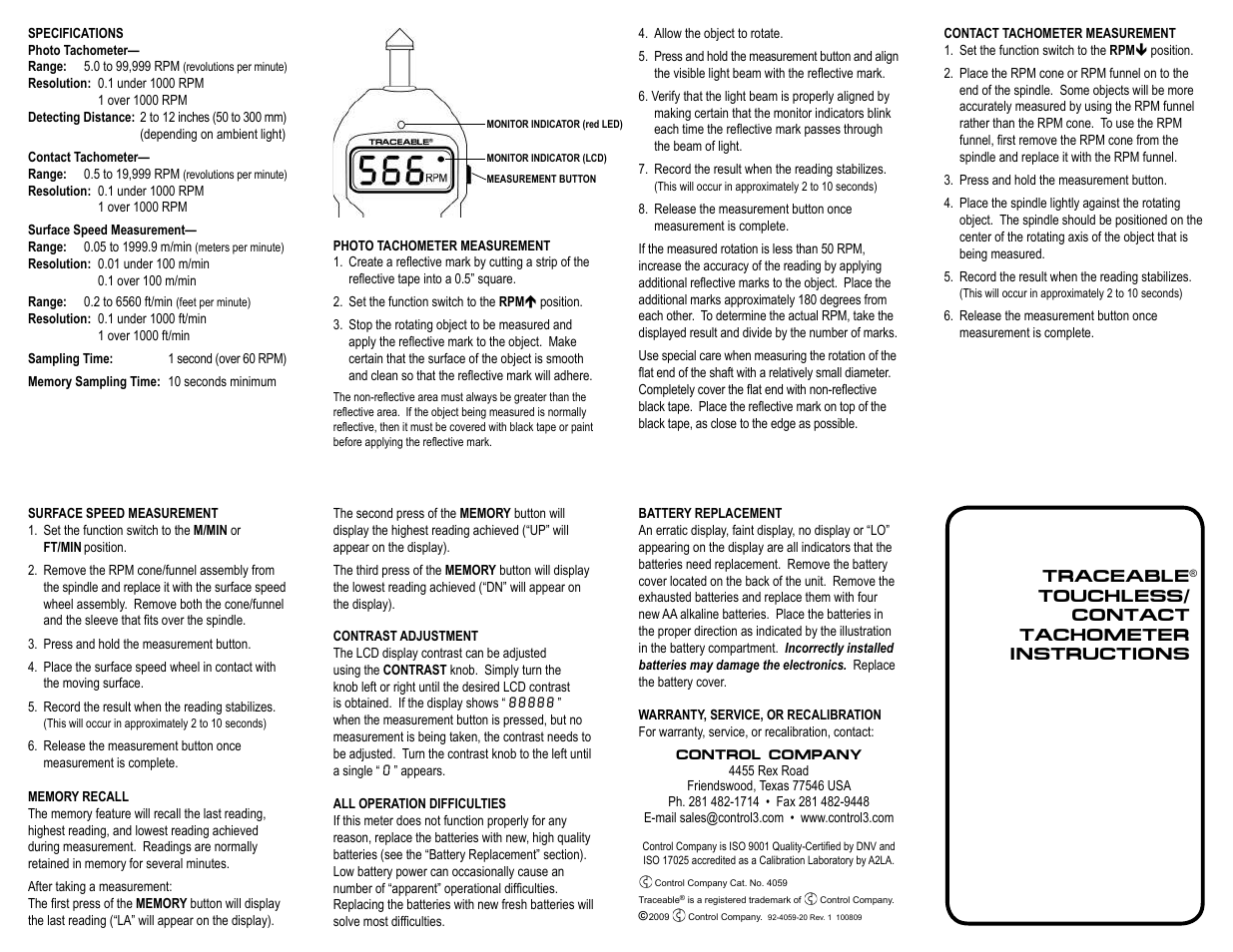 Control Company 4059 TOUCHLESS/CONTACT TACHOMETER User Manual | 1 page