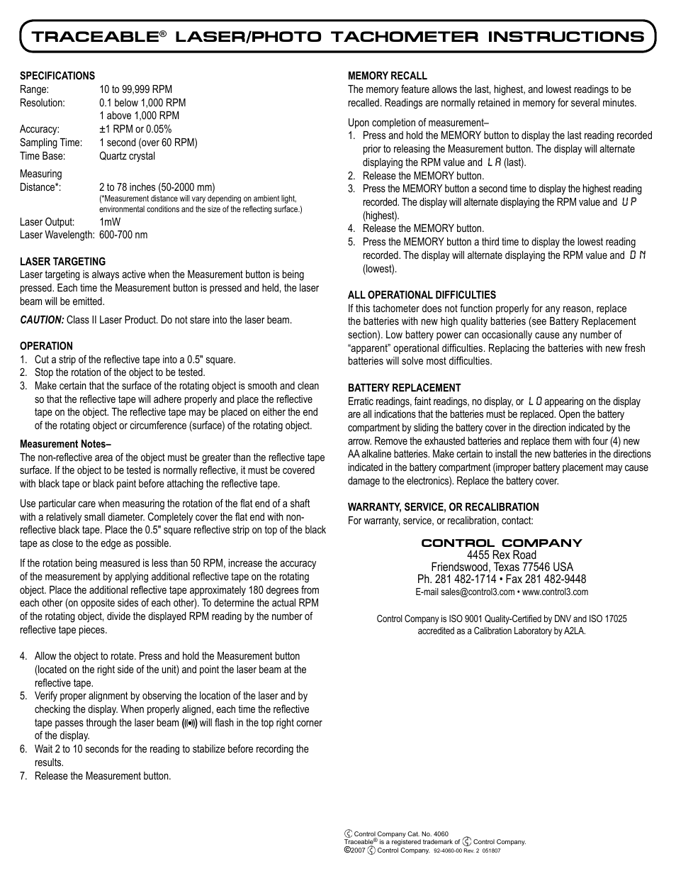 Control Company 4060 LASER/PHOTO TACHOMETER User Manual | 1 page