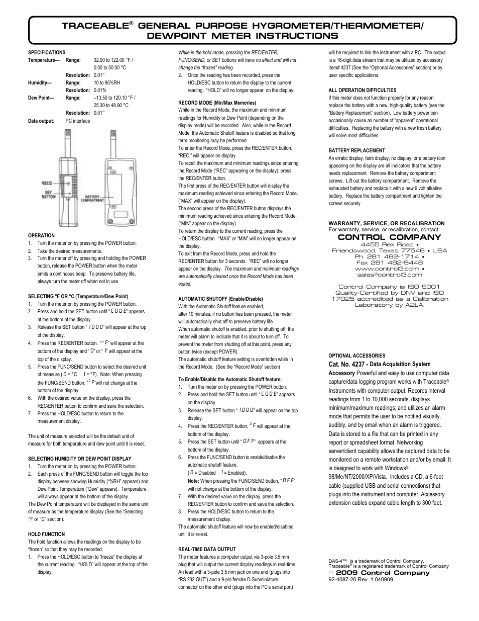 Control Company 4087 GENERAL PURPOSE HYGROMETER/THERMOMETER/ DEWPOINT METER User Manual | 1 page