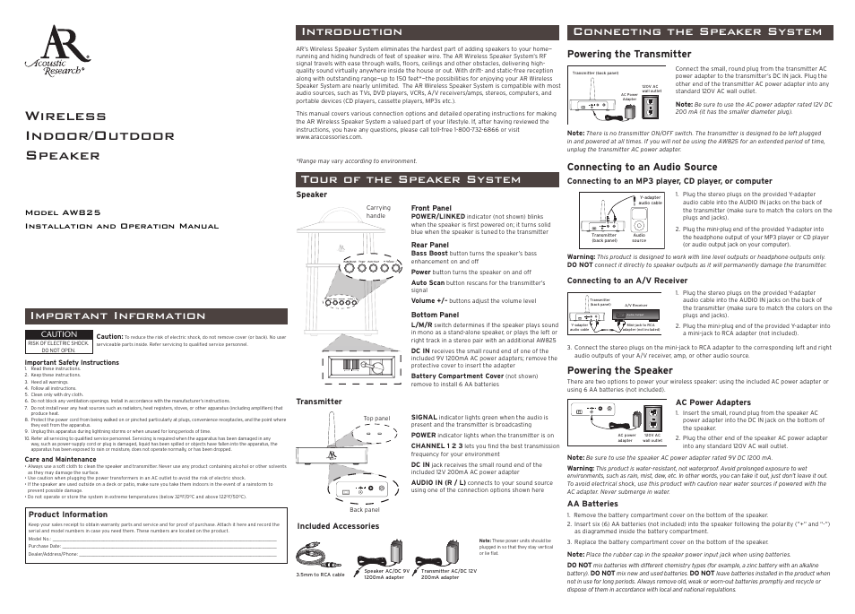 Acoustic Research AW825 User Manual | 2 pages