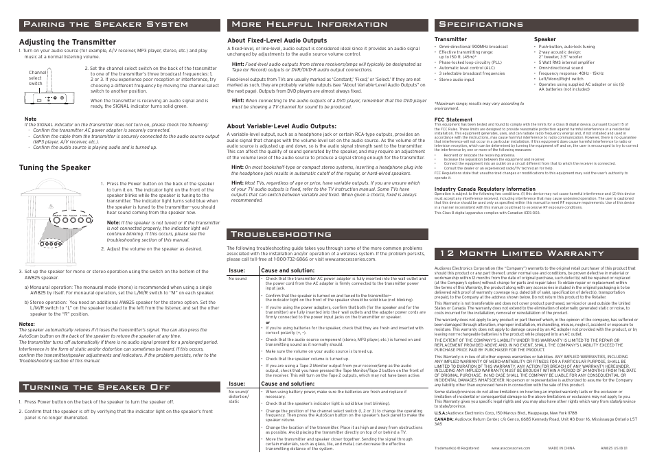 Troubleshooting, More helpful information, 12 month limited warranty specifications | Pairing the speaker system, Turning the speaker off, Adjusting the transmitter, Tuning the speaker | Acoustic Research AW825 User Manual | Page 2 / 2