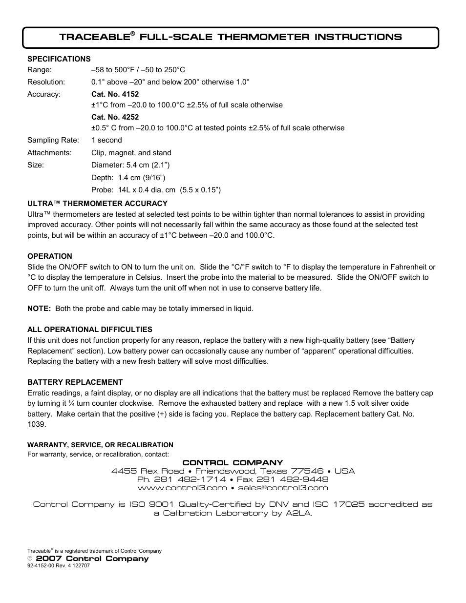 Control Company 4152 FULL-SCALE THERMOMETER User Manual | 1 page