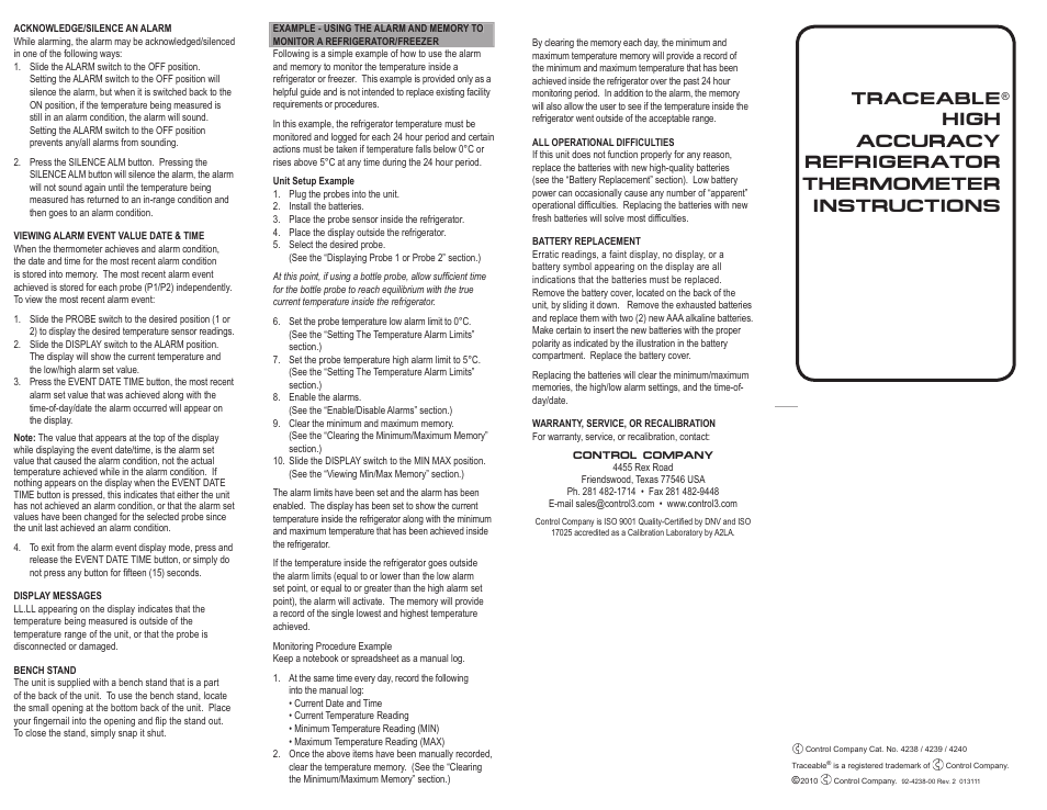 Traceable | Control Company 4238 HIGH ACCURACY REFRIGERATOR THERMOMETER User Manual | Page 2 / 2