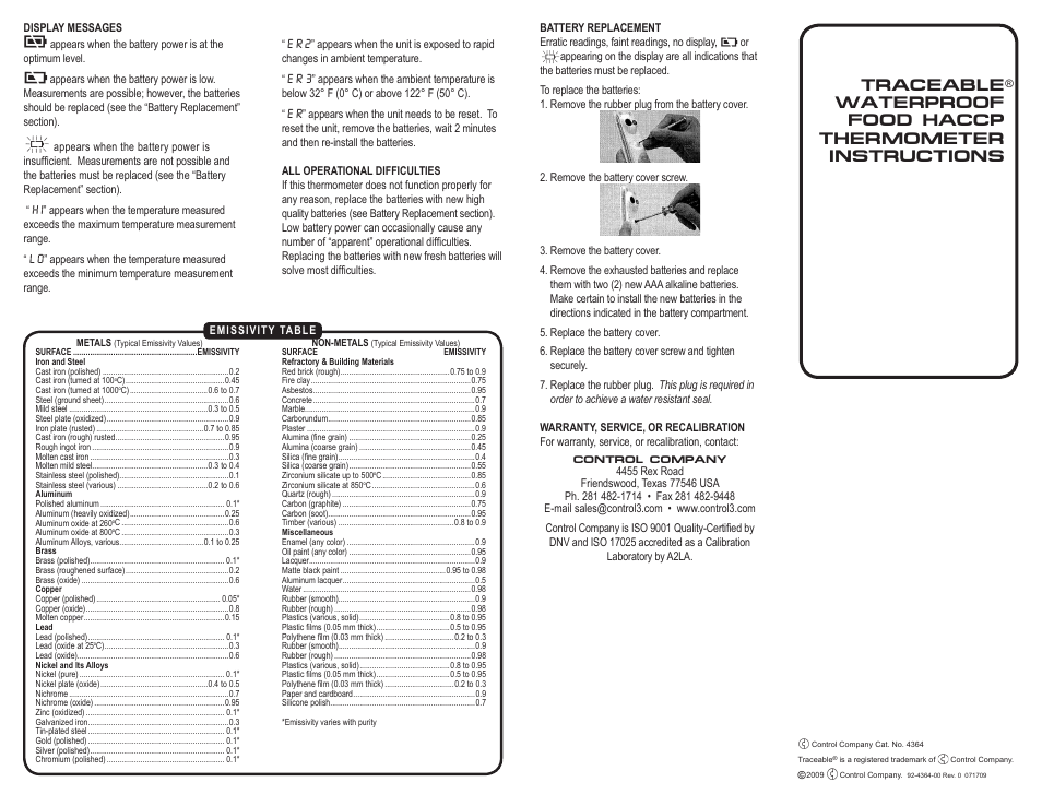 Control Company 4364 WATERPROOF FOOD HACCP THERMOMETER User Manual | 2 pages