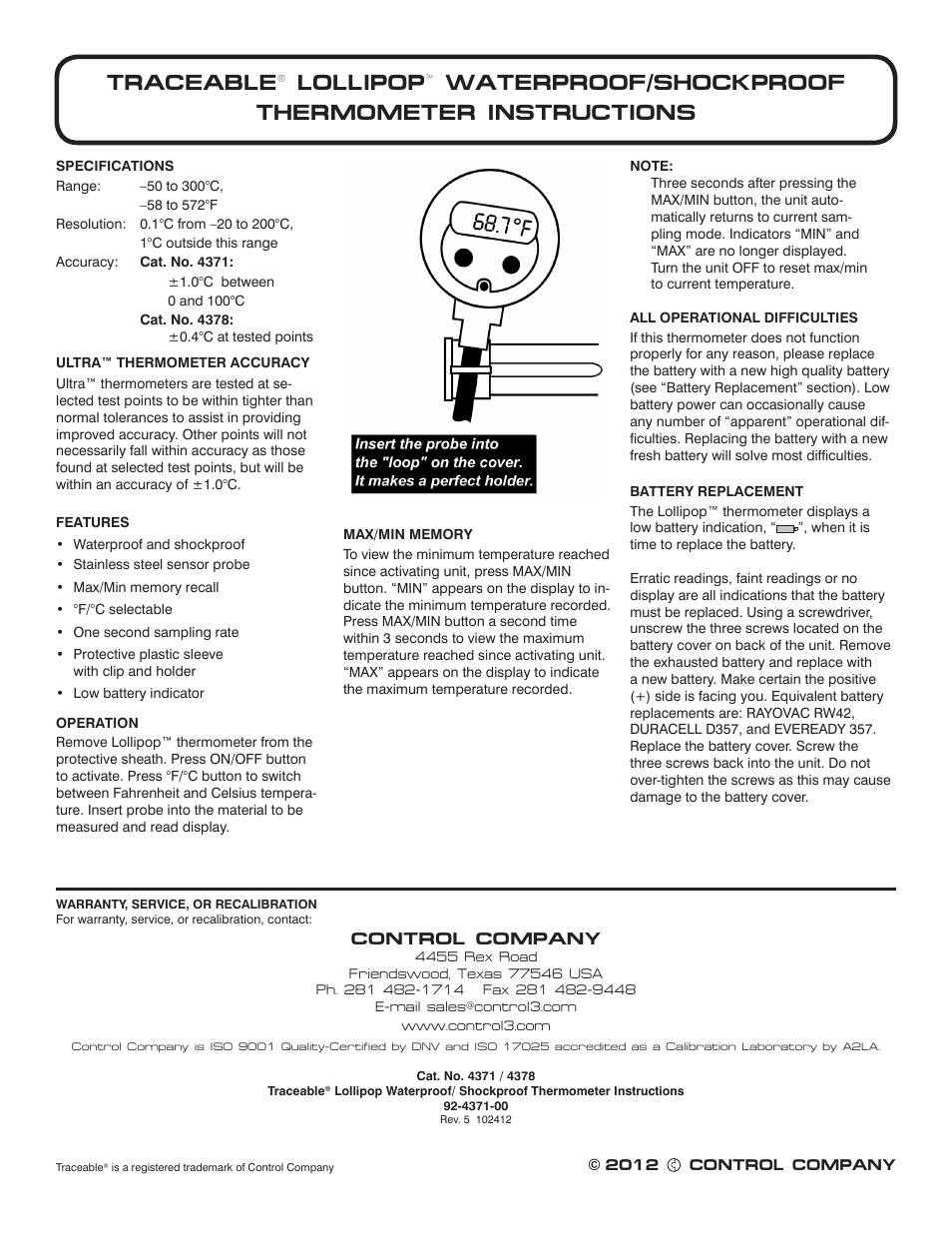 Control Company 4371 LOLLIPOP WATERPROOF/SHOCKPROOF THERMOMETER User Manual | 1 page