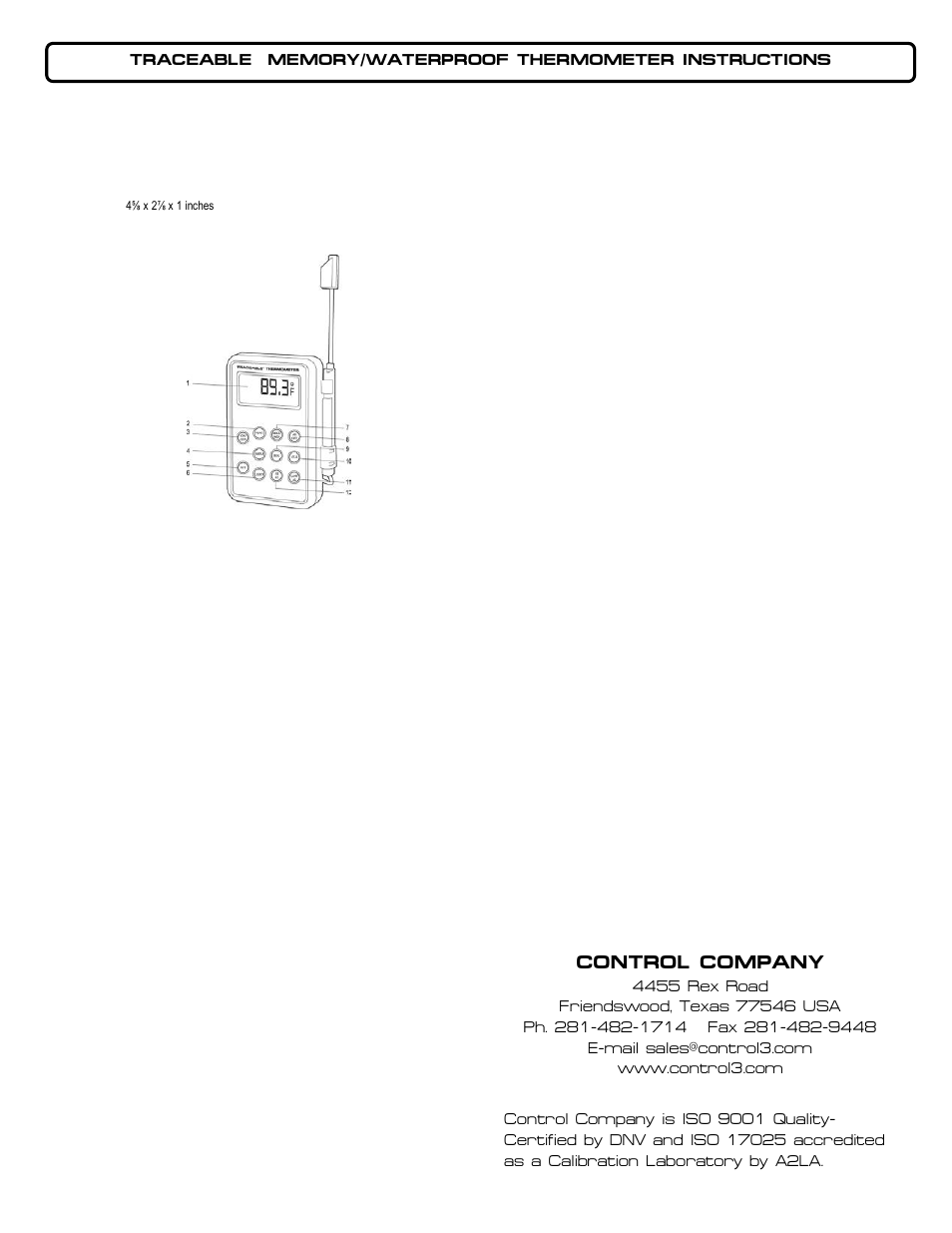 Control Company 4373 MEMORY/WATERPROOF THERMOMETER User Manual | 1 page