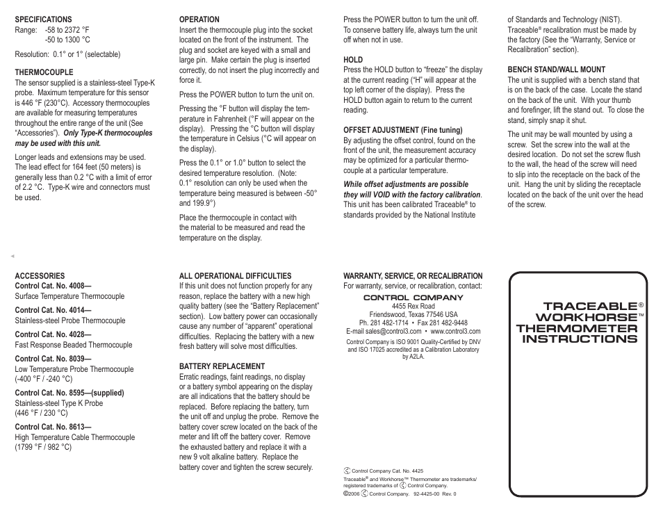 Control Company 4425 WORKHORSE THERMOMETER User Manual | 1 page