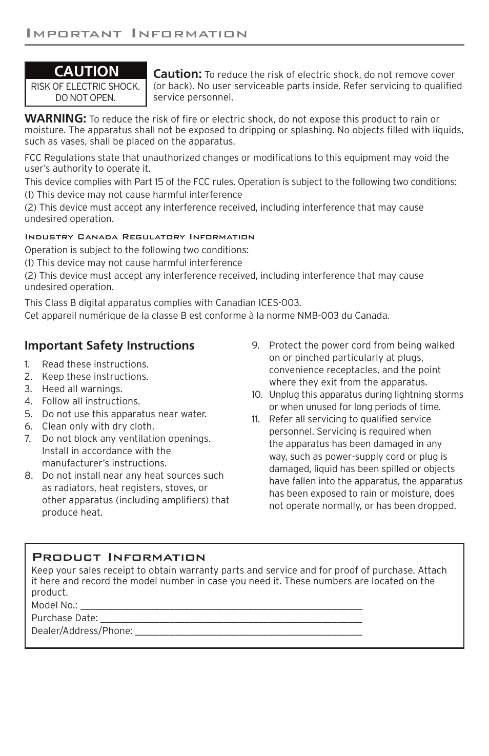 Caution, Product information | Acoustic Research ARW200 User Manual | Page 2 / 8