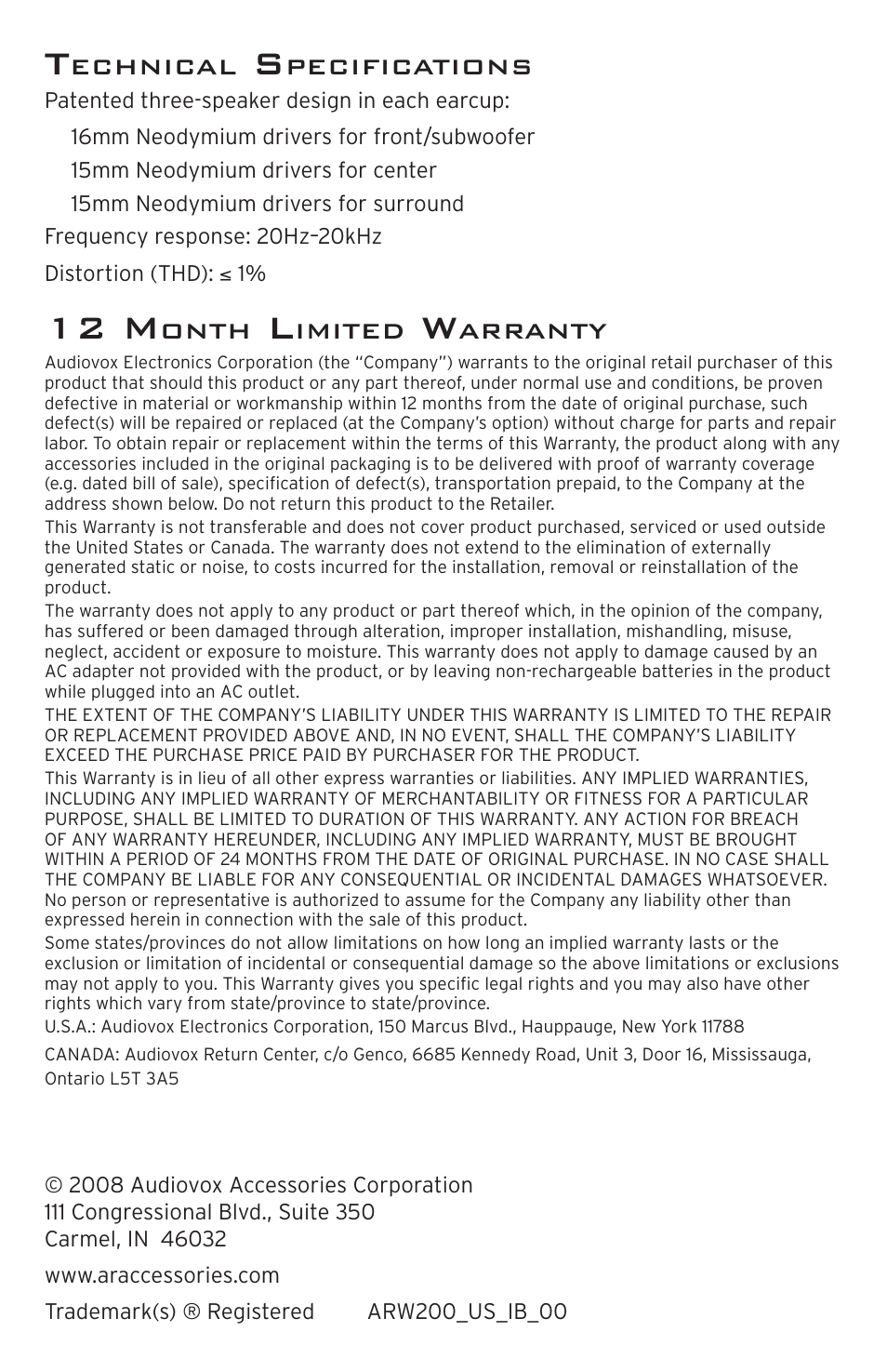 12 m | Acoustic Research ARW200 User Manual | Page 8 / 8