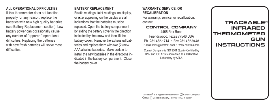 Traceable infrared thermometer gun instructions | Control Company 4470 INFRARED THERMOMETER GUN User Manual | Page 2 / 2