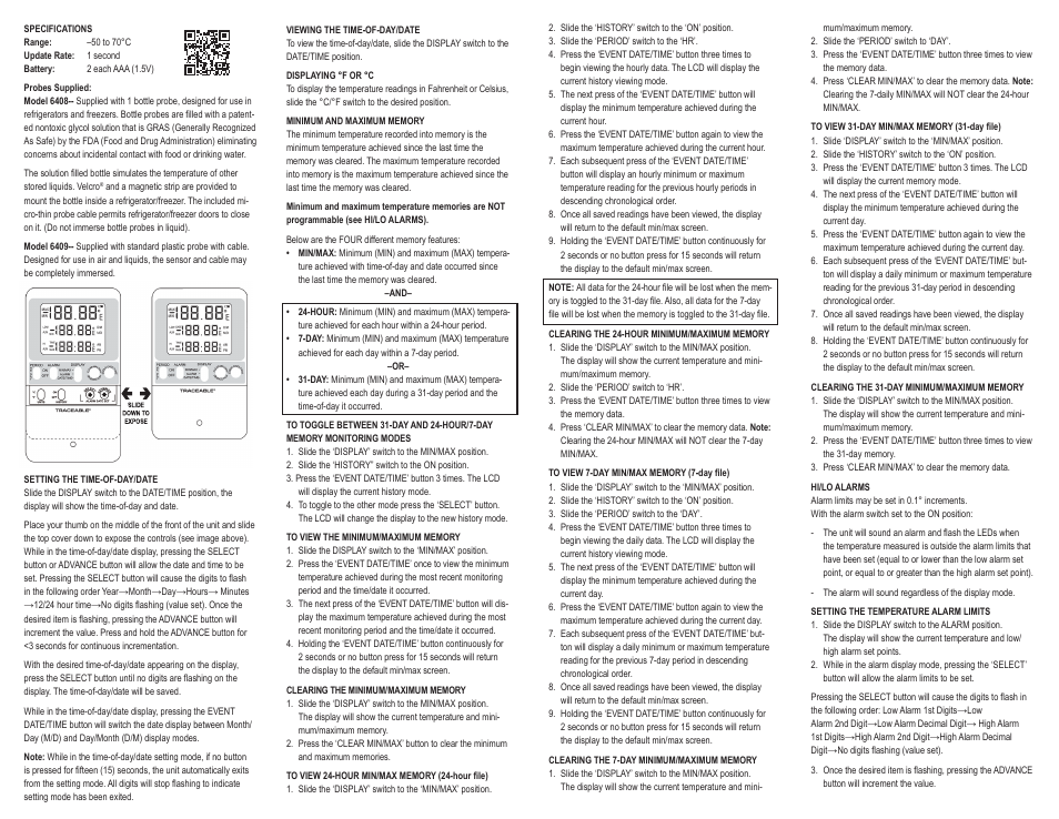 Control Company 6408 PLATINUM HIGH-ACCURACY REFRIGERATOR THERMOMETER User Manual | 2 pages