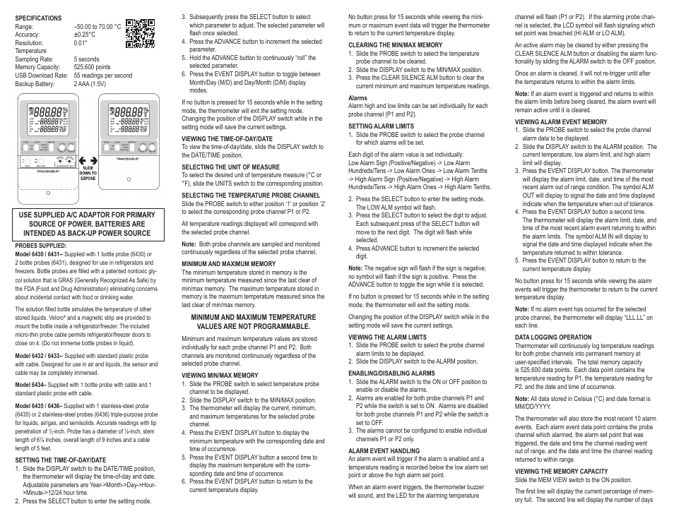 Control Company 6430 EXCURSION-TRAC DATALOGGING THERMOMETER User Manual | 2 pages