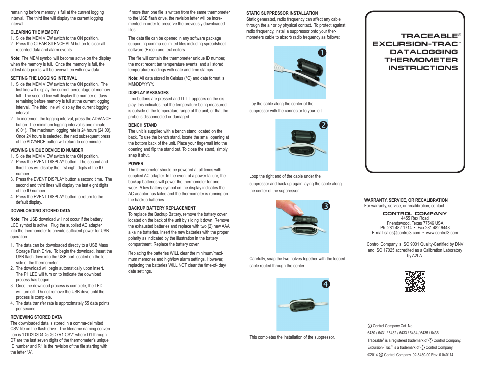 Control Company 6430 EXCURSION-TRAC DATALOGGING THERMOMETER User Manual | Page 2 / 2