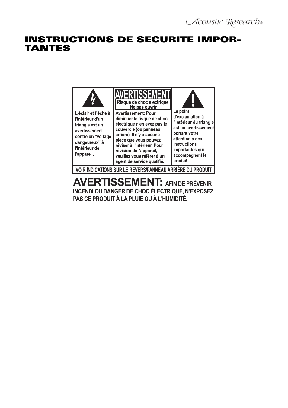 Instructions de securite impor- tantes | Acoustic Research ART7 User Manual | Page 65 / 96