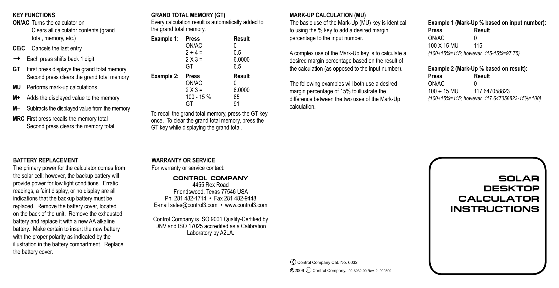 Control Company SOLAR DESKTOP CALCULATOR User Manual | 1 page