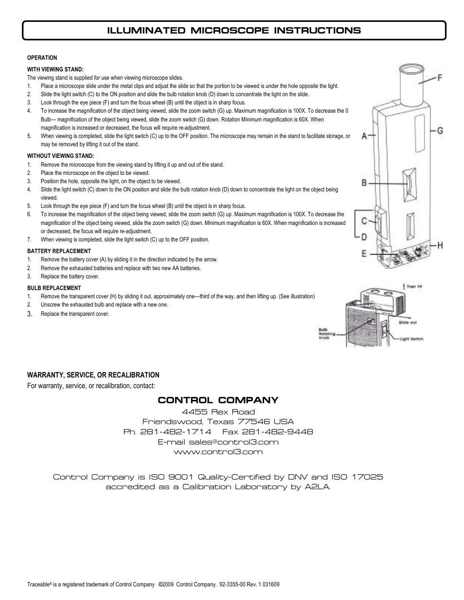 Control Company 3355 ILLUMINATED MICROSCOPE User Manual | 1 page