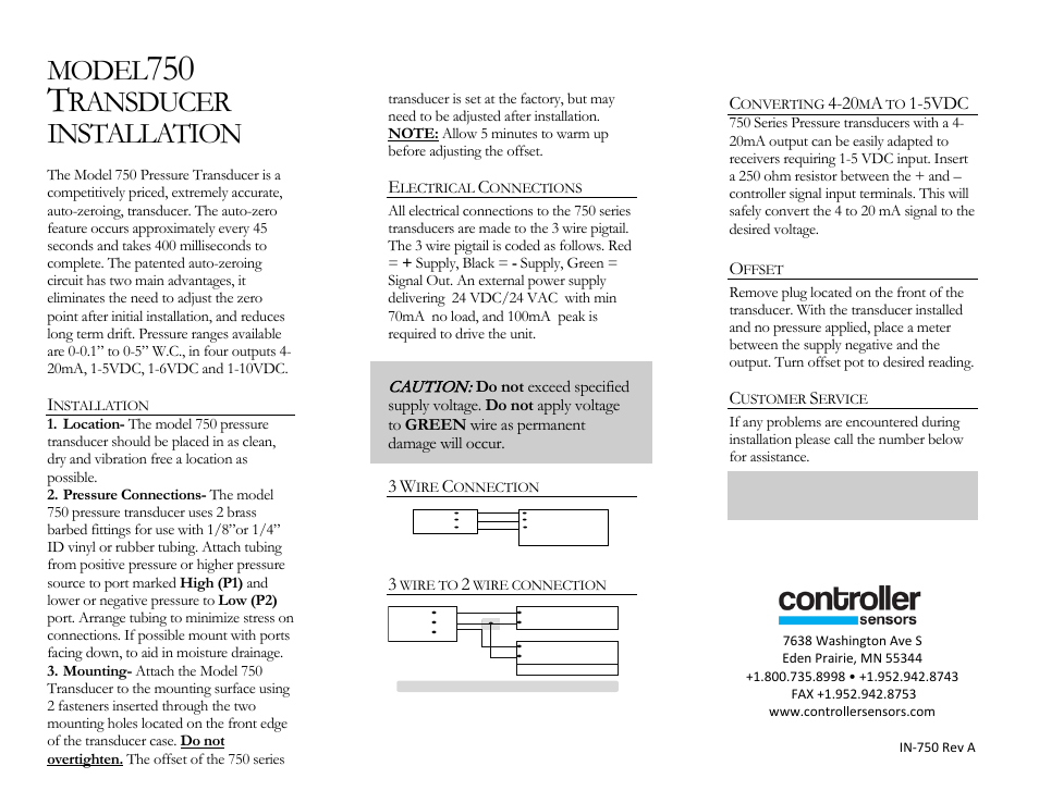 Controller Sensors 750 Series User Manual | 1 page