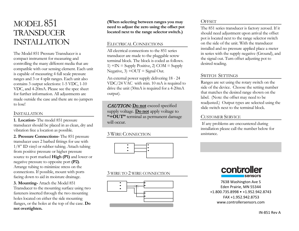 Controller Sensors 851 Series User Manual | 1 page