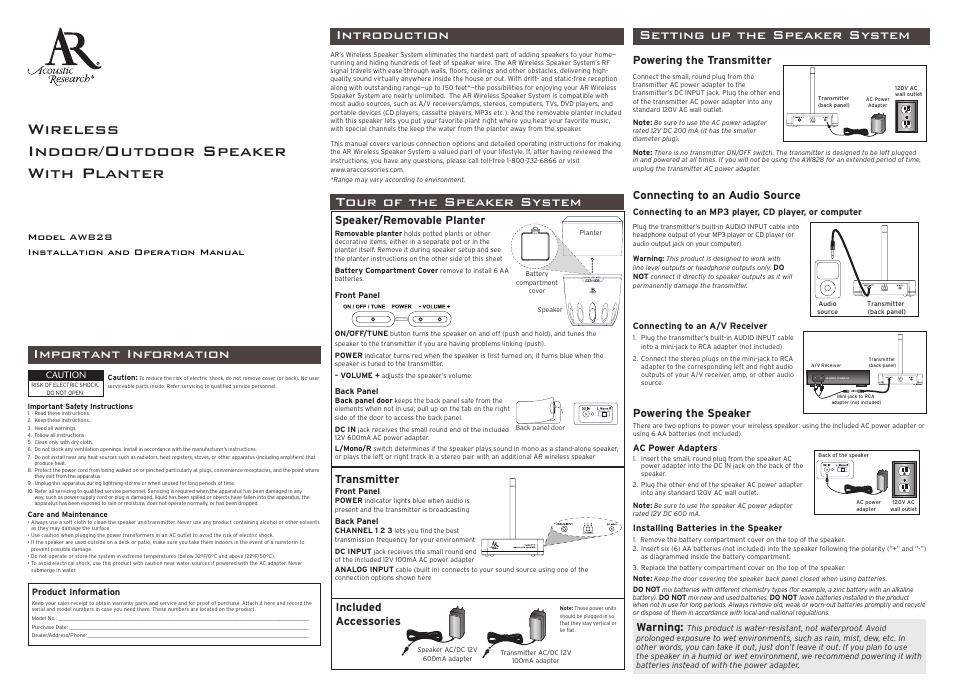 Acoustic Research AW828 User Manual | 2 pages