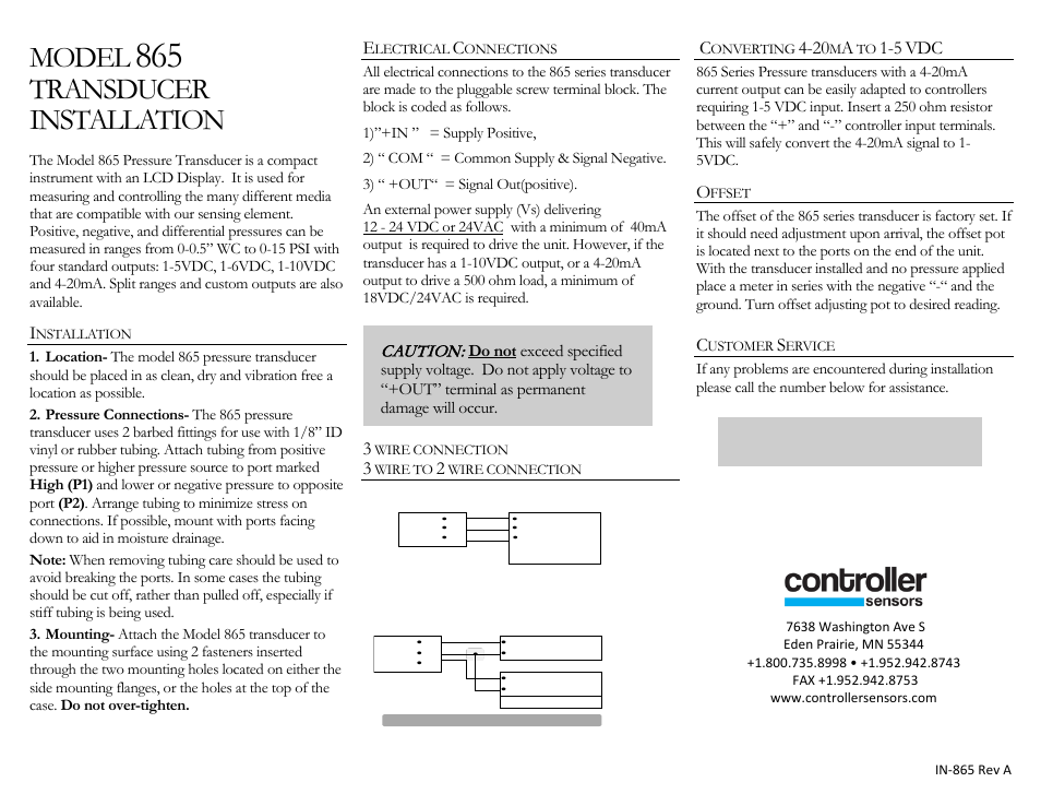 Controller Sensors 865 Series User Manual | 1 page