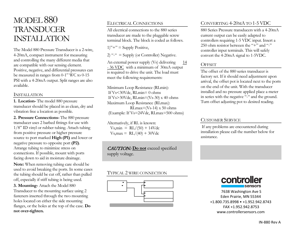 Controller Sensors 880 Series User Manual | 1 page