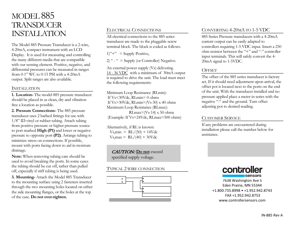 Controller Sensors 885 Series User Manual | 1 page