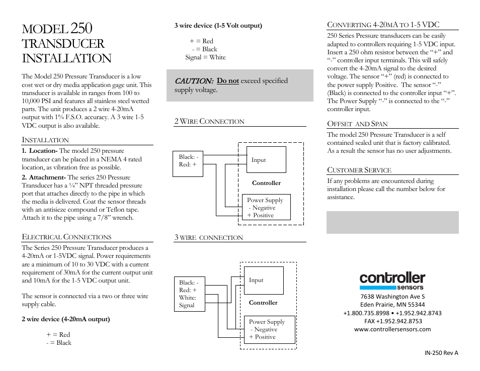 Controller Sensors 250 Series User Manual | 1 page